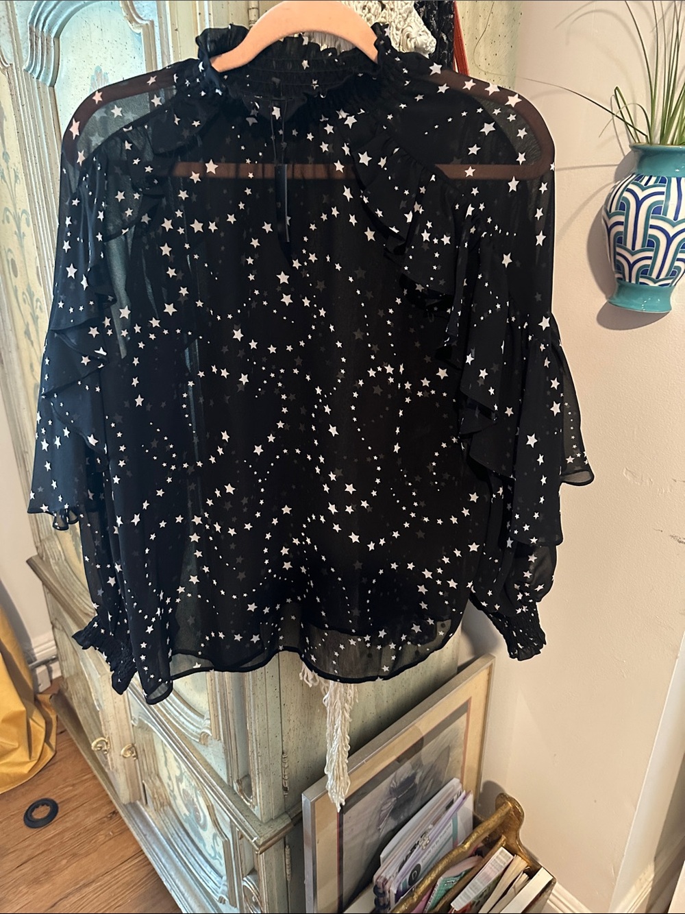 Maje  Sheer Black Star-Print Ruffle Neck Blouse